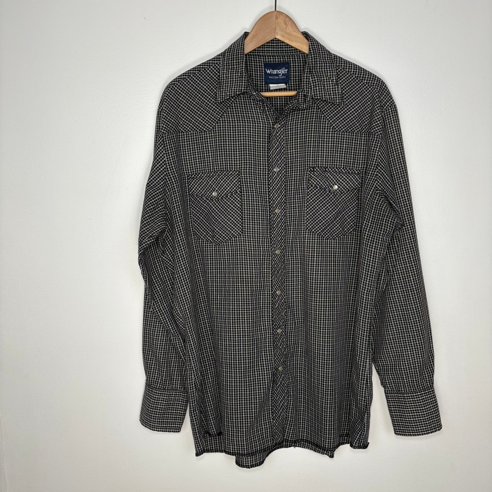 VTG Wrangler Pearl Snap Plaid Button Up Shirt Men XXL Black Western Cowboy Retro